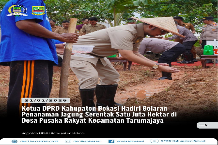 Ketua Dewan Perwakilan Rakyat Daerah (DPRD) Kabupaten Bekasi, Ade Sukron, S.H.I, M.Si dan Anggota Komisi I, Ibnuh Hajar, S.Ag bersama unsur Forkopimda Kabupaten Bekasi menghadiri gelaran Penanaman Jagung Serentak satu juta hektare yang diinisiasi oleh Kep