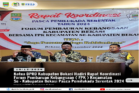 Ketua Dewan Perwakilan Rakyat Daerah (DPRD) Kabupaten Bekasi, Ade Sukron, S.H.I, M.Si menghadiri Rapat Koordinasi Pasca Pemilukada Serentak Tahun 2024 yang diinisiasi oleh Forum Pembaruan Kebangsaan Kabupaten Bekasi. Acara berlangsung di Hotel Grand Cikar