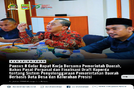 Pansus 8 DPRD Kabupaten Bekasi menggelar rapat kerja bersama sejumlah perangkat daerah, di antaranya Kepala Badan Perencanaan Pembangunan Daerah, Kepala Dinas Pemberdayaan Masyarakat dan Desa, Kepala Dinas Komunikasi, Informatika, Persandian dan Statistik